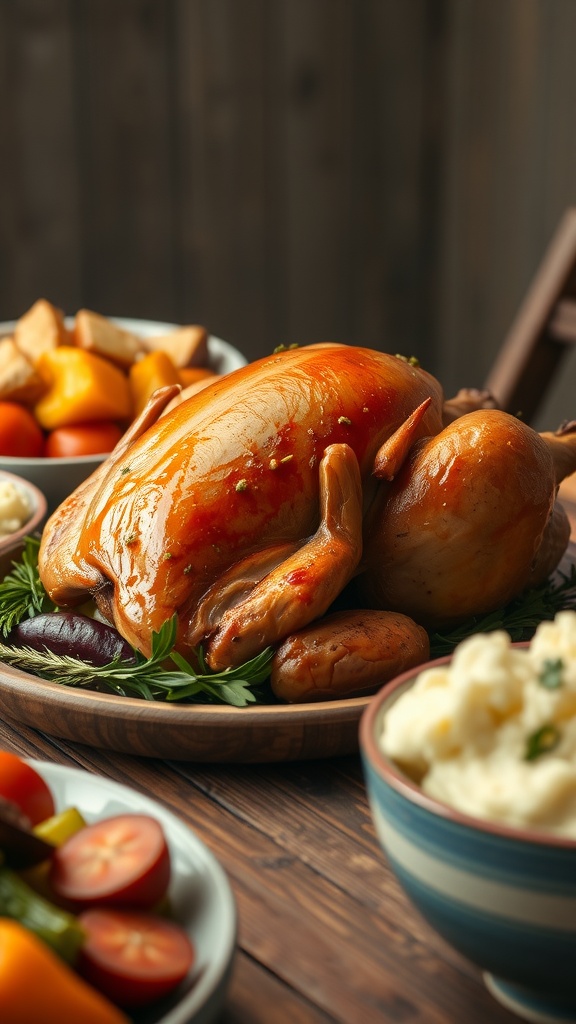 Tender Slow-Cooked Turkey Recipe A golden-brown slow-cooked turkey garnished with herbs, served on a rustic table with side dishes.